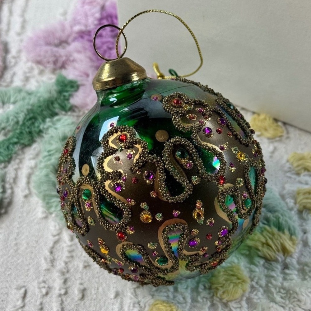 Vintage Emerald Green Iridescent Glass Ornament Gold Beaded Rhinestone Filigree